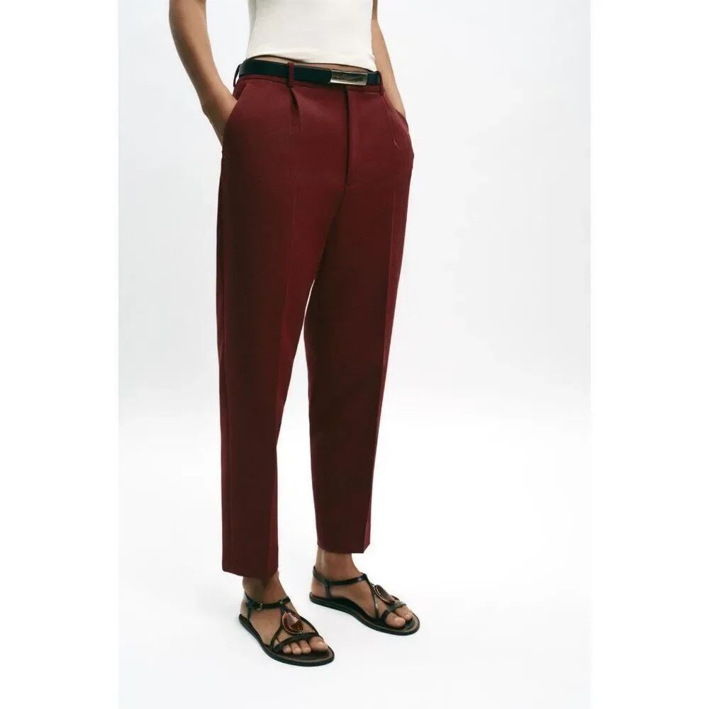 Zara Womens Dress Pants XL Garnet Red High Rise Straight Trousers 8532/597 NWT